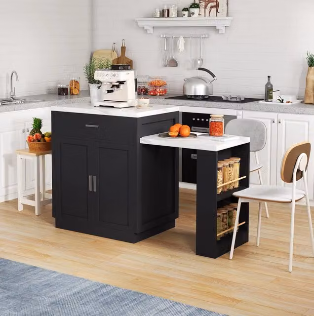 Isola da cucina MDF con tavolo estraibile 2-6 posti; 2 cassetti; prese USB; 211 x 55 x 89;5 cm; nera