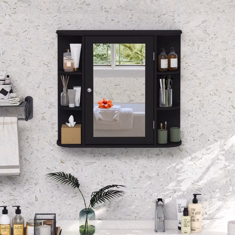 Armadietto da bagno Costway con specchio e mensole regolabili in legno nero, design moderno da appendere al muro