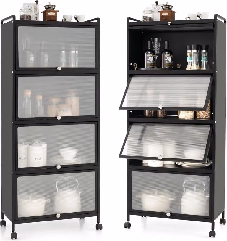 Mobile contenitore a 5 ripiani con ante, credenza con rotelle, sistema antiribaltamento e chiusura magnetica, cassettiera per soggiorno e ufficio (nero)