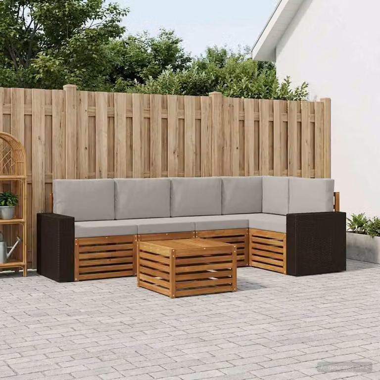 Set di divani da esterno vidaXL a forma di L composto da 6 pezzi con tavolo da caffè, in legno di acacia e tessuto beige e grigio