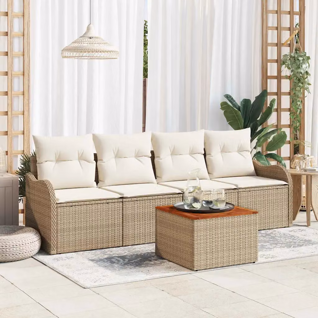 Set Divano da Giardino vidaXL 5 Pezzi con Tavolino, Struttura in Metallo e Cuscini Beige e Bianco