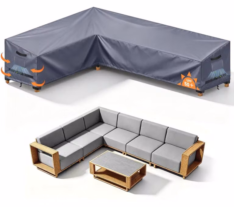Copertura per mobili da giardino, forma a L, impermeabile, dimensioni 210x260x90x80/65 cm, colore grigio, tessuto Oxford 420D
