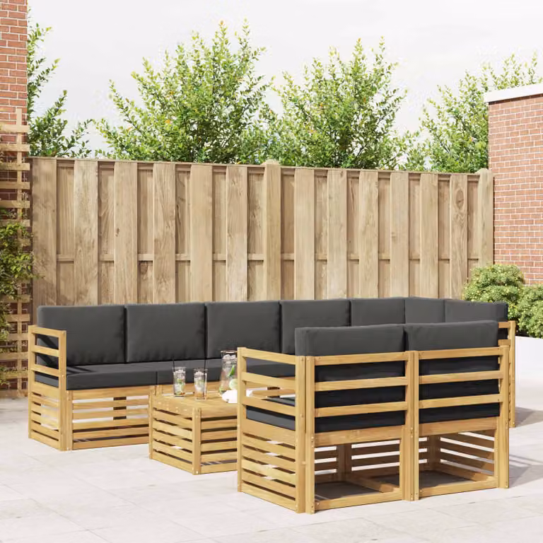 vidaXL Set di divani da esterno a L composto da 9 pezzi con tavolino, in legno di acacia e tessuto resistente ai raggi UV, colori Bianco, Antracite e Marrone