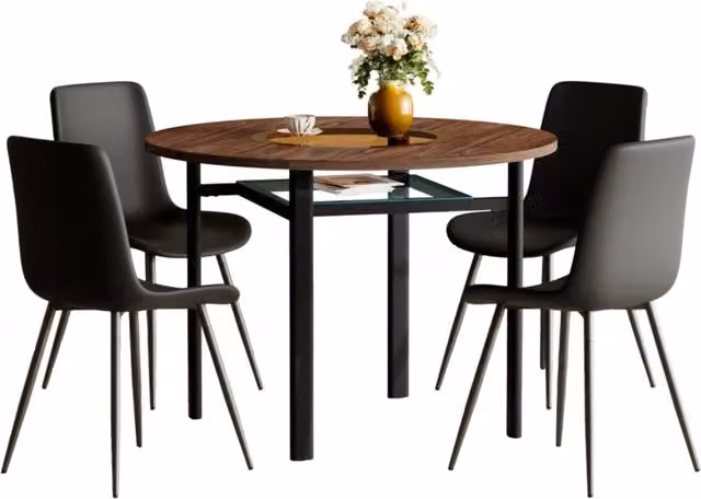 Set tavolo rotondo 100 cm effetto legno marrone con vano e 4 sedie nere PU