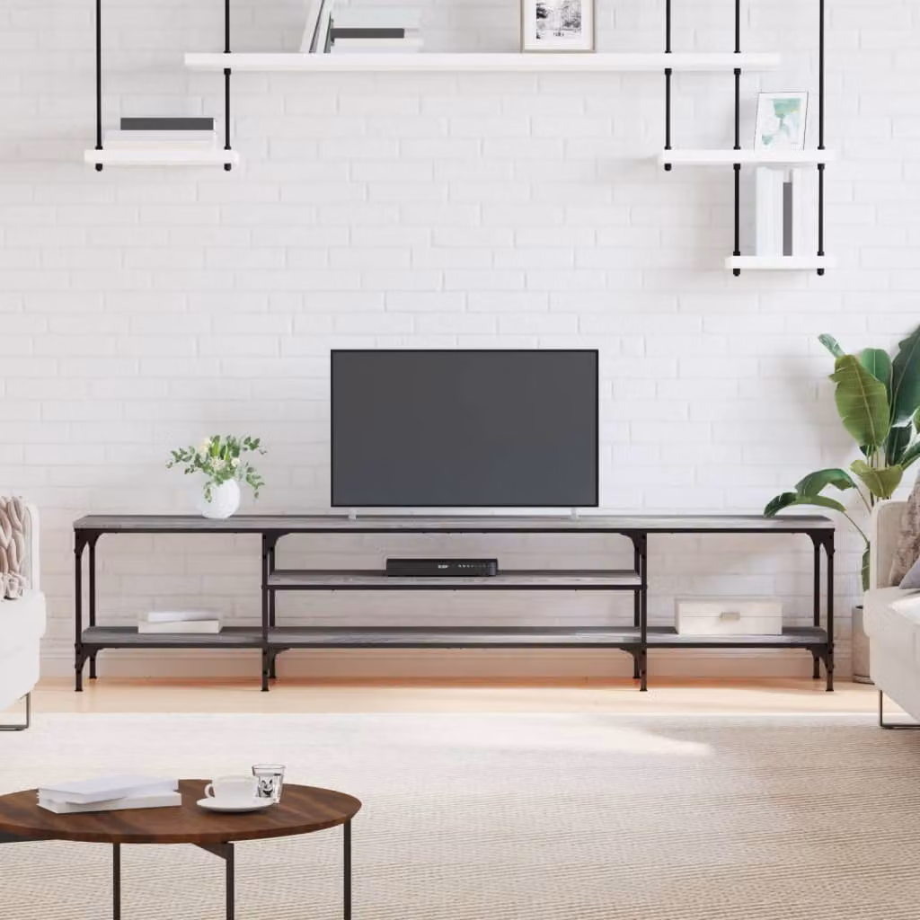 Mobile TV vidaXL in stile industriale in legno multistrato e ferro, Grigio Sonoma, L: 201 cm, P: 35 cm, H: 45 cm