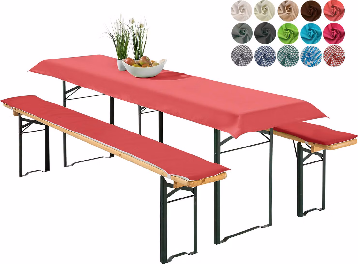 heimtexland ® Set di rivestimenti per set da birreria, 3 pezzi: tovaglia, imbottitura per panca da birreria, cuscino per seduta, decorazione da tavolo, tipo 698, rosso, per tavolo da 70x220 cm