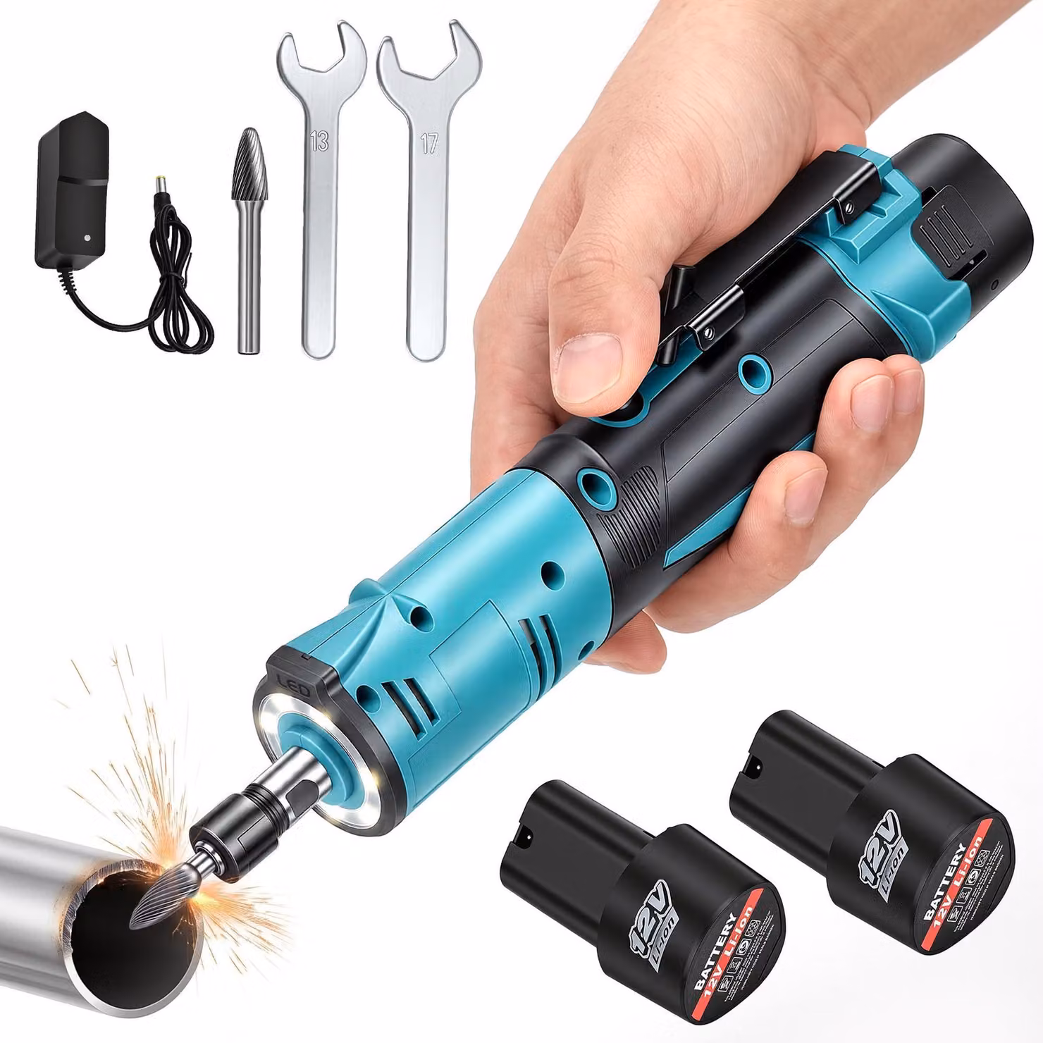 Levigatrice a batteria da 12 V, a forma di "I", con 2 batterie da 2000 mAh