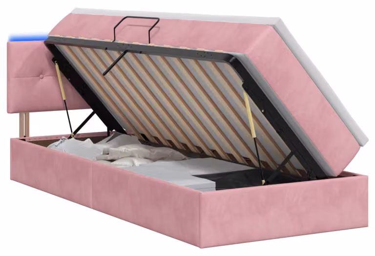 Letto imbottito con tecnologia LED e materasso rosa, dimensioni 90 x 200 cm, rivestito in velluto