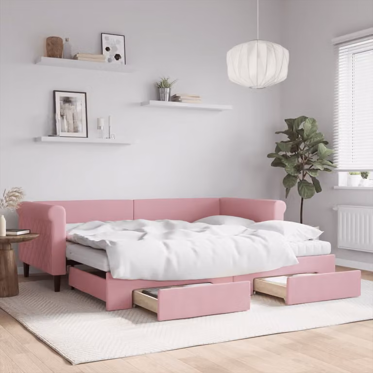 vidaXL Divano Letto Estraibile in Velluto Rosa con Cassetti L/P/H: 90 x 200 cm