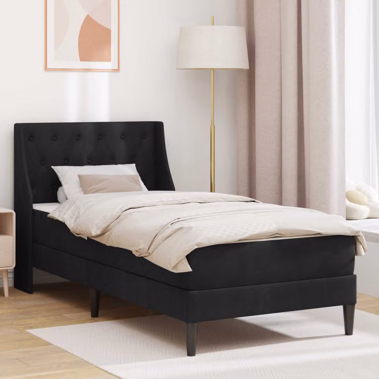 Letto moderno vidaXL con struttura imbottita in velluto nero e materasso, L/P/H: 90 x 190 x 94 cm