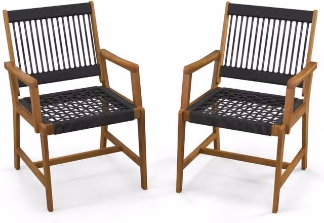 Set di 2 sedie da pranzo in legno di acacia per esterni, Sedie da patio intrecciate in corda con braccioli-Sedie da esterno
