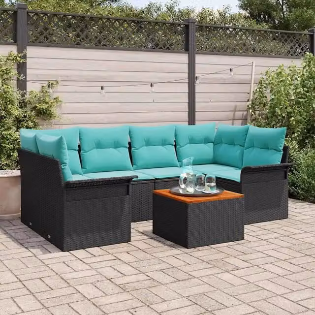 Set Divano da Giardino 7 pz 6-Numero di posti Nero e Turchese 3355953