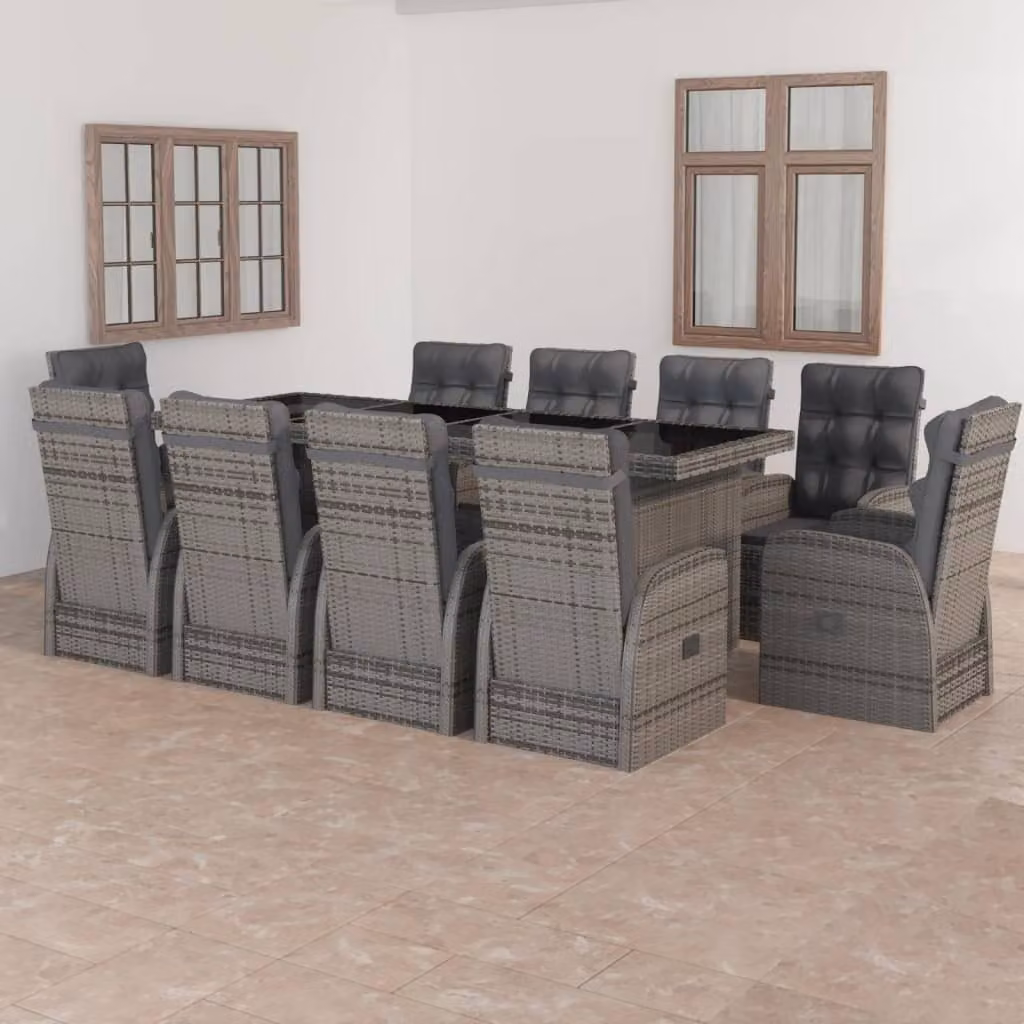 The Living Store Set da pranzo da giardino 11 pezzi con cuscini in poly rattan grigio