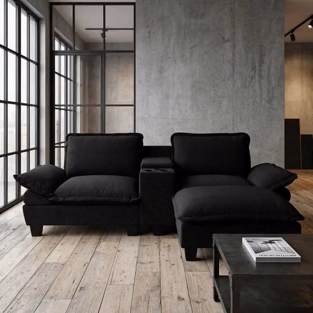 Divano Angolare Modulare con Ottomane ¨C Xylo ¨C Chenille Nero, USB, Contenitore, Cuscini
