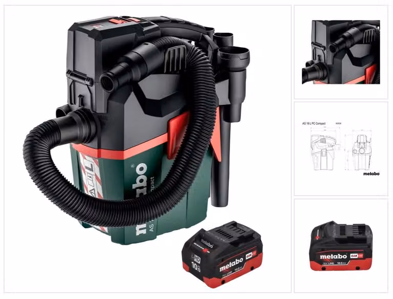 Metabo AS 18 L PC Aspirapolvere compatto a batteria 18 V 6 l IPX4 classe di polvere L bagnato e asciutto + 1x batteria ricaricabile 10,0 Ah - senza caricabatterie