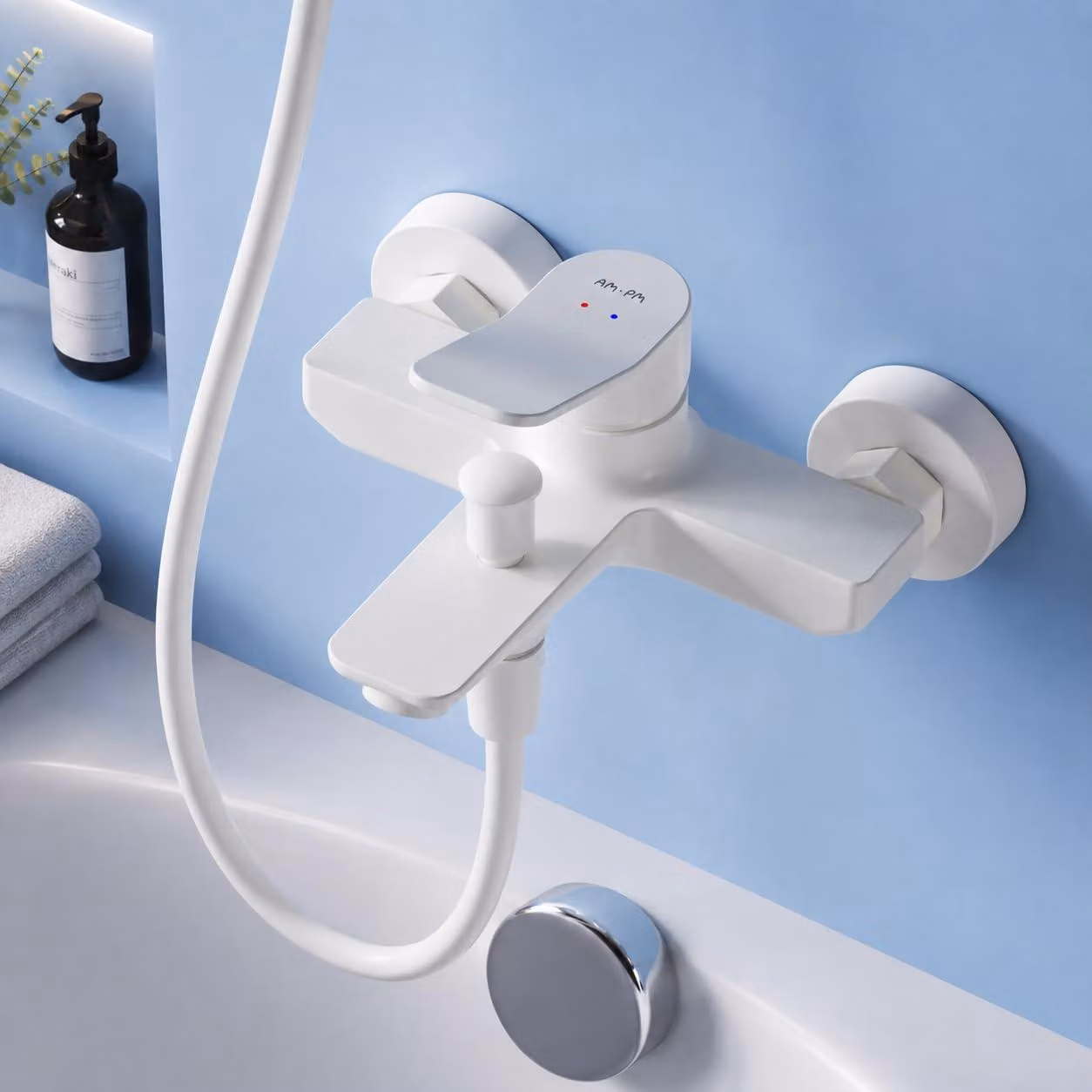 Rubinetto per lavabo con piletta, miscelatore, bianco, da montare a parete, confezione da 1 pezzo