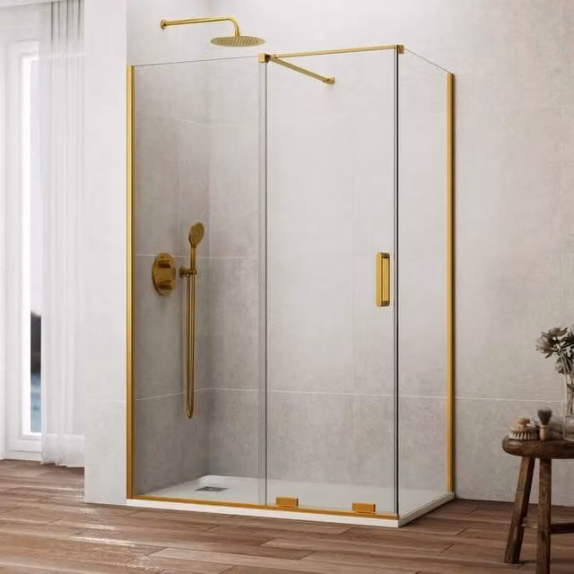 Box doccia angolare KENNA con elemento fisso e scorrevole, vetro trasparente e finitura oro spazzolato, L: 120 cm, P: 75 cm