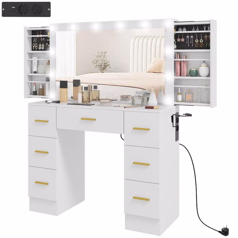 Comò da trucco con specchio, 12 luci LED e 7 cassetti | Colore: Bianco | Dimensioni: 100x40x137 cm