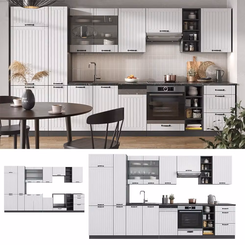 Cucina componibile Fame-Line Vicco in stile country house, Bianco rustico e Antracite, L: 355 cm – 2