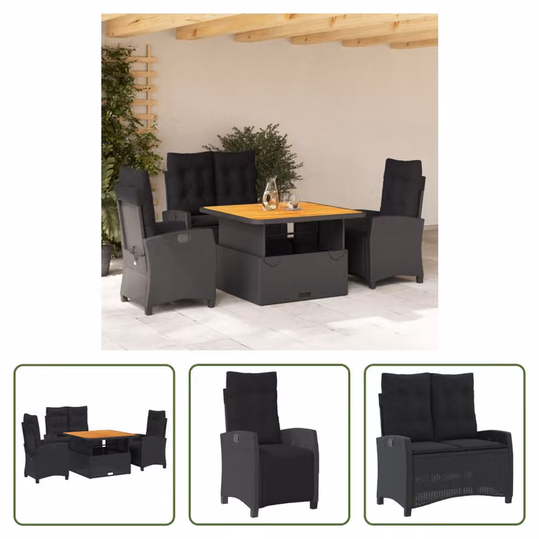 The Living Store Set da pranzo da giardino 4 pezzi con cuscini in poly rattan nero