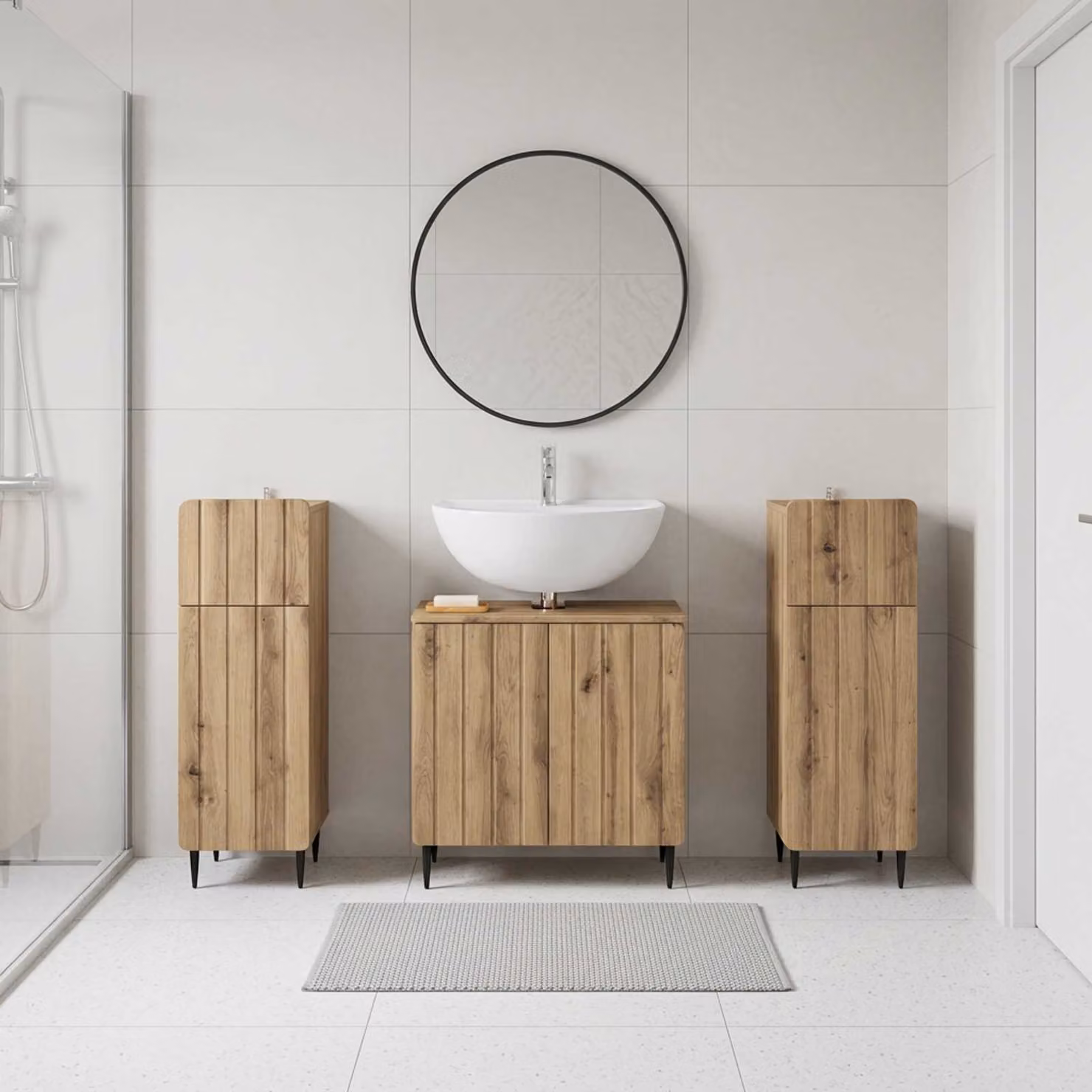 Set di mobili da bagno vidaXL ZWOLLE in 3 pezzi, design minimalista in legno rovere marrone con ante a cerniera, L/P/H: 59,5 x 31,5 x 59,0 cm