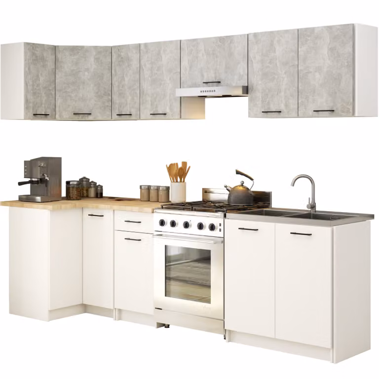 Set da cucina: un cassetto, undici ante, sedici ripiani, colore: bianco cemento