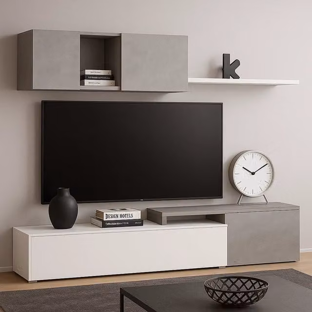 Parete Attrezzata Adelaide per Soggiorno e Sala da Pranere con Mobile TV e Mensola Pensile, Design Moderno Modulare Reversibile, Colore Bianco e Grigio Cemento, L: 201 cm, P: 41 cm, H: 44 cm