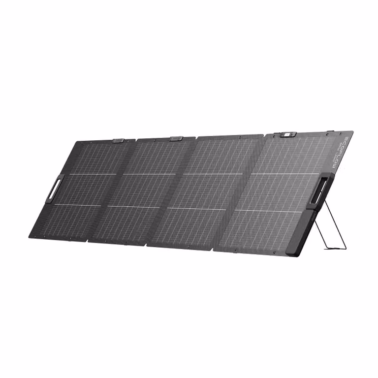Pannello solare EF da 220 W EcoFlow, design bifacciale, efficienza di conversione fino al 25%, cella tipo N, supporto regolabile, cavo XT60 integrato