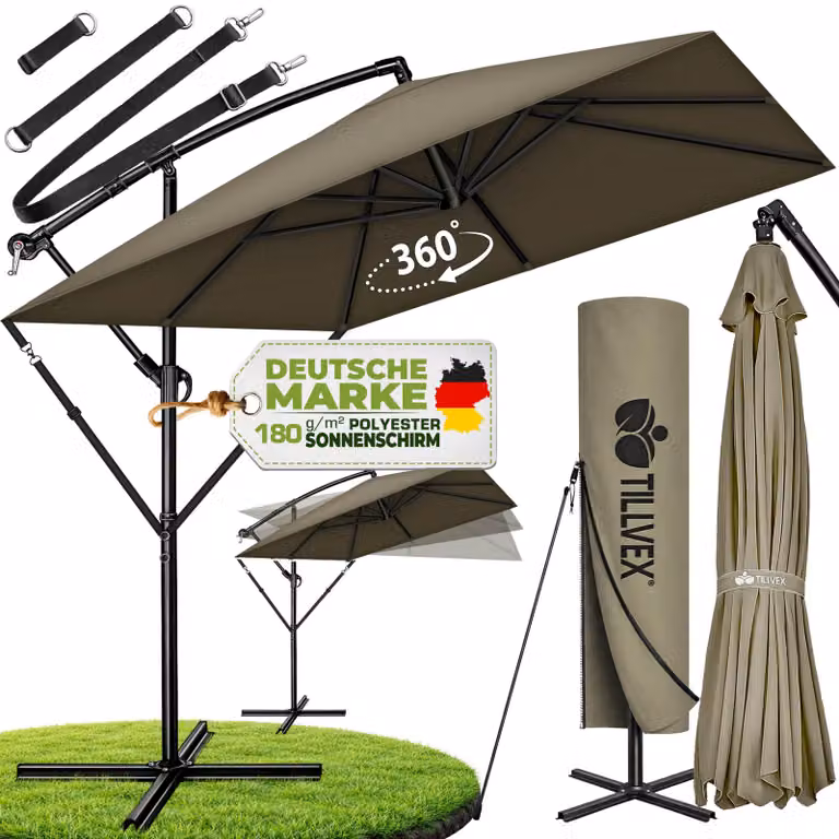 tillvex® Parasole in alluminio rettangolare, diametro 330 cm, color marrone + copertura con manovella | Parasole a gondola angolare con supporto | Parasole da giardino in alluminio con protezione UV | Parasole con manovella, impermeabile, girevole a 360°