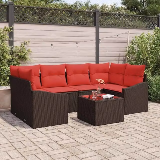 Set di divani 7 pz 3-Numero di posti Marrone e Rosso polyrattan 3346624