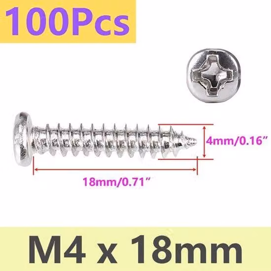 Set di 100 viti autofilettanti Acciaio al carbonio, M4 x 18 mm