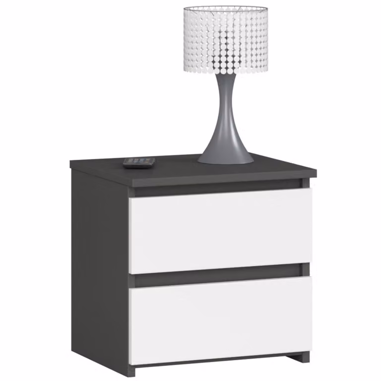 Comodino con 2 cassetti. Organizzatore per comodino. Comodino con cassetti, 40 cm di larghezza, 40 cm di altezza. Mobile contenitore a parete, mobiletto laterale, armadietto stretto, colore grigio chiaro. Materiale: legno