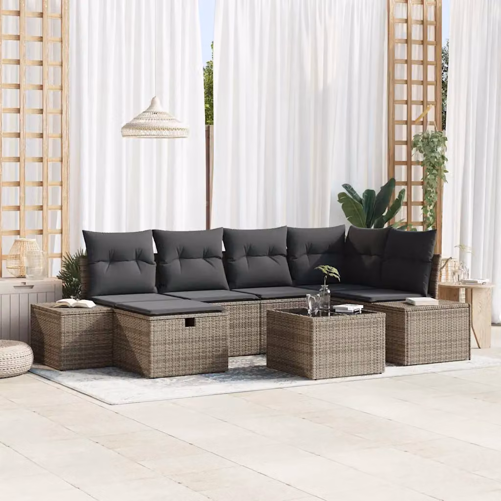 Set di divani da giardino vidaXL in rattan grigio con 7 pezzi, compresi cuscini e tavolino da esterno, design moderno a forma di L con struttura in acciaio verniciato a polvere – 1