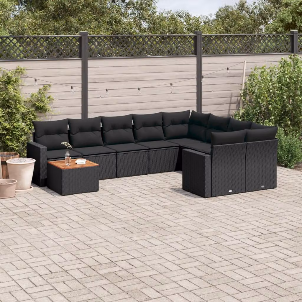 vidaXL Set Divani da Giardino 10 Pezzi in Polyrattan Nero con Cuscini e Tavolino da Esterno – 1