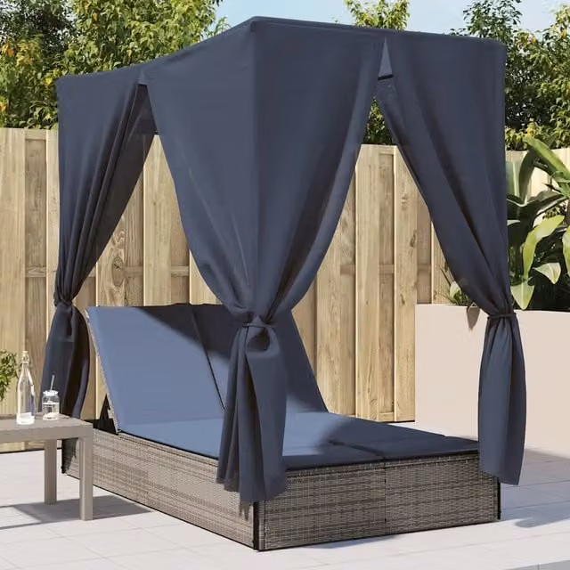 Lettino Prendisole Doppio Tetto e Tende Grigio in Polyrattan 368079