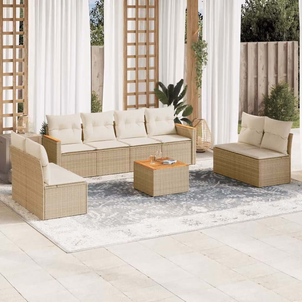 vidaXL Set Divano da Giardino 9 pz con Cuscini Beige e Tavolino in Polyrattan e Acciaio – 1