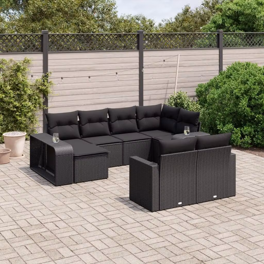 vidaXL Set Divani da Giardino a L 10 Pezzi con Cuscini in Polyrattan Nero e Struttura in Acciaio – 1