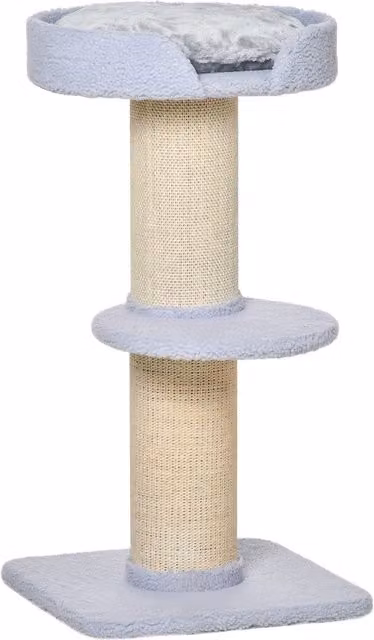 Tiragraffi per gatti PawHut con lettino a amaca, rivestimento in peluche e palo in sisal sostituibile, Azzurro, L 45 x P 45 x H 91 cm