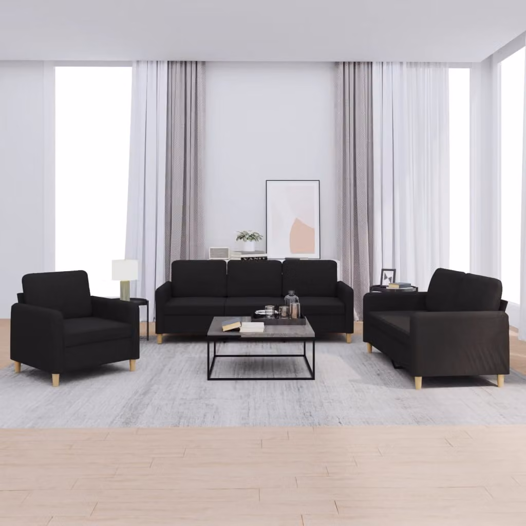 Set di divani vidaXL da 3 pezzi in tessuto nero con cuscini per soggiorno moderno – 1