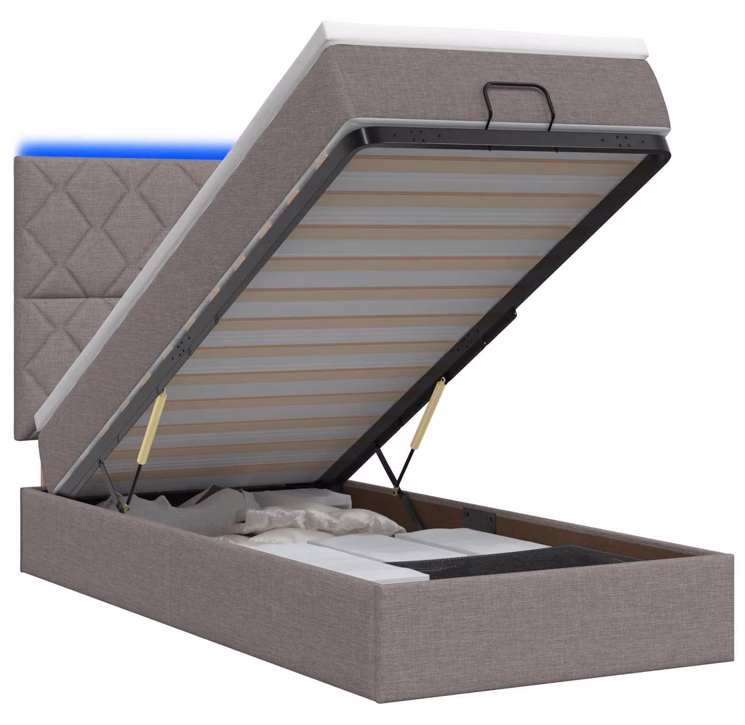 Pouf contenitore con materasso e illuminazione LED, color tortora, 100 x 200 cm, rivestito in tessuto