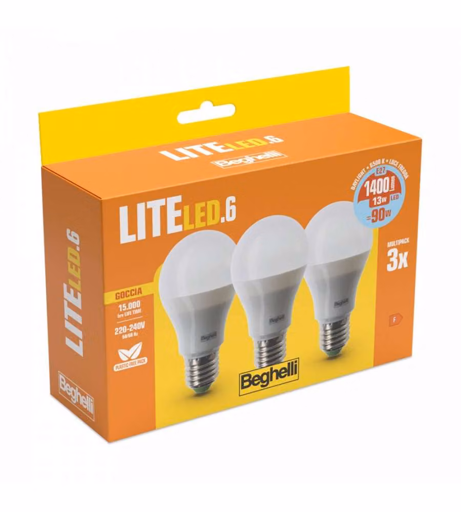 Beghelli Confezione da 3 Lampadine LED Goccia E27 13W 6500K Luce Bianca Fredda