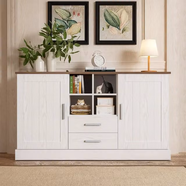 Credenza moderna Mivray con 2 ante, 2 cassetti soft-close e 4 vani aperti, bianco e marrone, L 140 x P 40 x H 79.5 cm