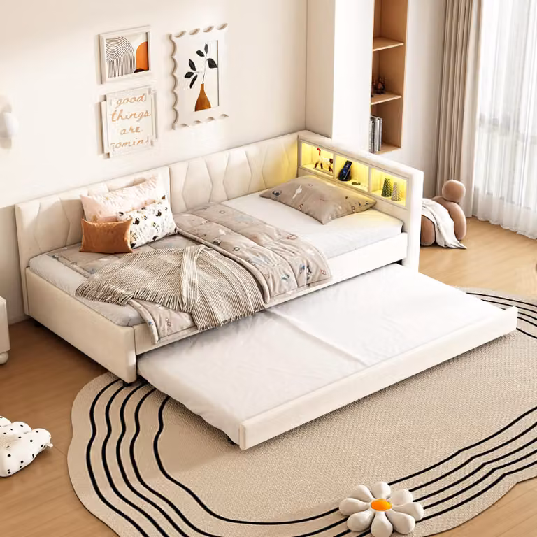 MODFU Divano letto 90x200, letto da giorno senza materasso con materasso a doghe e spazio di archiviazione, letto pieghevole con USB + Type-C, illuminazione ambientale a LED, beige