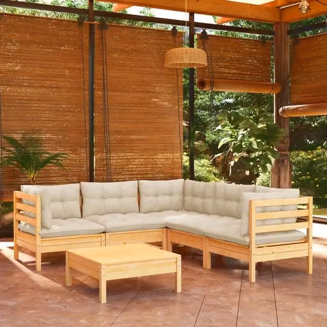 Set Divani da Giardino 6 pz con Cuscini Crema Massello di Pino 3096677