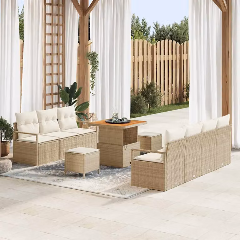 Set Divano da Giardino vidaXL 10 Pezzi Beige con Cuscini e Struttura in Acciaio Verniciato a Polvere