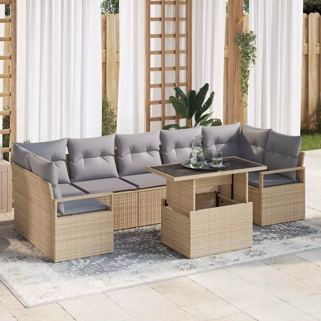Set Divano da Giardino vidaXL 8 Pezzi a Forma di U con Tavolino, 7 Posti, Grigio e Beige
