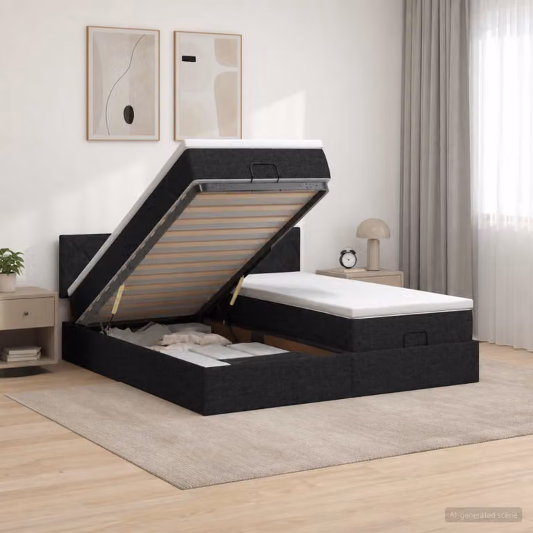 Letto ottomano con materasso e testiera vidaXL in tessuto nero, L 200 x P 200 x H 88 cm