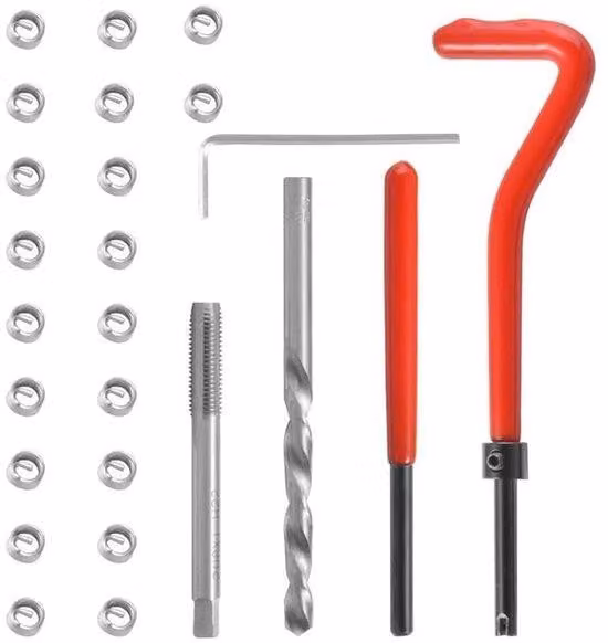 Set di riparazione automatica per filettature M8 x 1,25 per auto, set di riparazione con bobina elicoidale, set di utensili manuali compatibili.