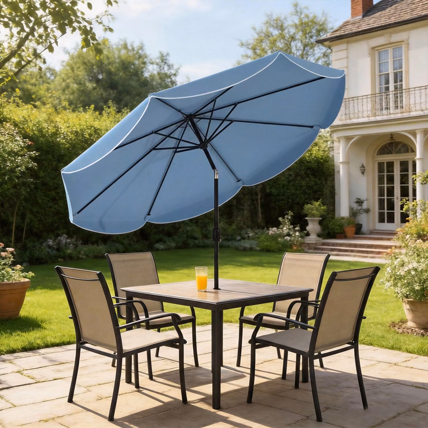 Ombrellone da terrazzo Outsunny con inclinazione regolabile in 3 posizioni, manovella e volant, colore celeste, Ø 270 cm – 2