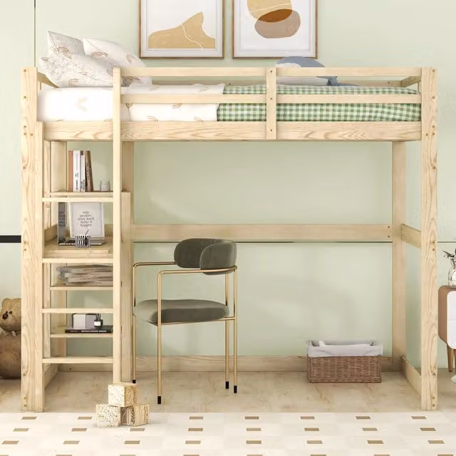 Letto a soppalco in pino naturale 140x200 cm con scrivania e 4 ripiani, per bambini e ragazzi